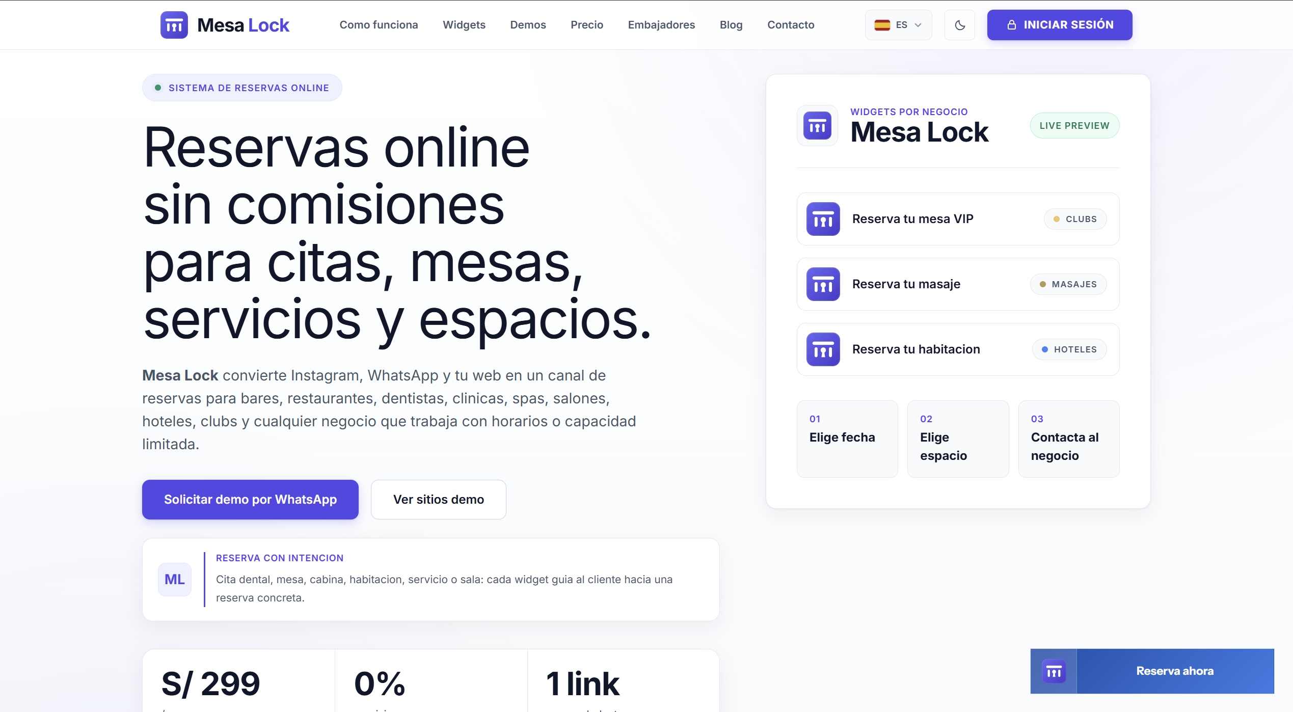 Screenshot van Mesa Lock — SaaS reserveringsplatform